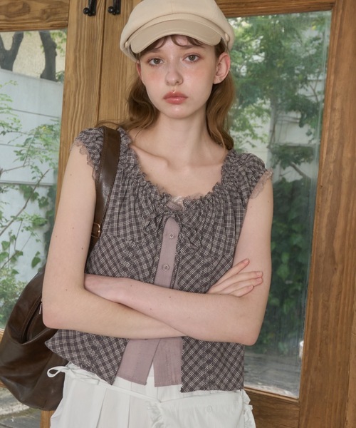 Birthday room(バースデイルーム)の「チェックフリルレーススリーブトップス/Checkered frill lace sleeve top(Tシャツ/カットソー・レディース・ネイビー/ブラウン・FREE)」の8枚目の写真