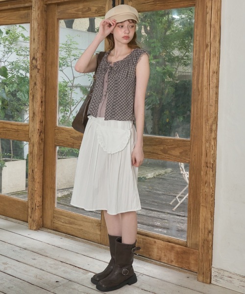 Birthday room(バースデイルーム)の「チェックフリルレーススリーブトップス/Checkered frill lace sleeve top(Tシャツ/カットソー・レディース・ネイビー/ブラウン・FREE)」の5枚目の写真