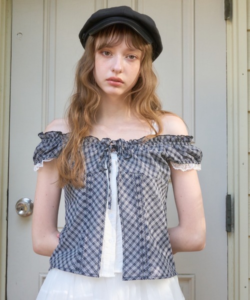 Birthday room(バースデイルーム)の「チェックフリルレーススリーブトップス/Checkered frill lace sleeve top(Tシャツ/カットソー・レディース・ネイビー/ブラウン・FREE)」の9枚目の写真