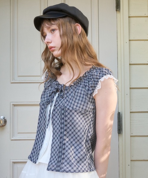Birthday room(バースデイルーム)の「チェックフリルレーススリーブトップス/Checkered frill lace sleeve top(Tシャツ/カットソー・レディース・ネイビー/ブラウン・FREE)」の12枚目の写真