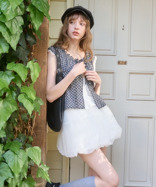 Birthday room(バースデイルーム)の「チェックフリルレーススリーブトップス/Checkered frill lace sleeve top(Tシャツ/カットソー・レディース・ネイビー/ブラウン・FREE)」の14枚目の写真