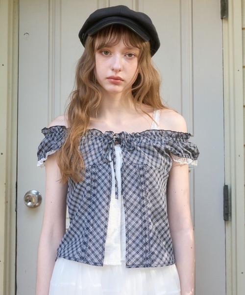 Birthday room(バースデイルーム)の「チェックフリルレーススリーブトップス/Checkered frill lace sleeve top(Tシャツ/カットソー・レディース・ネイビー/ブラウン・FREE)」の15枚目の写真