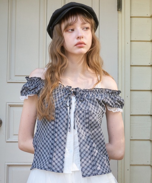 Birthday room(バースデイルーム)の「チェックフリルレーススリーブトップス/Checkered frill lace sleeve top(Tシャツ/カットソー・レディース・ネイビー/ブラウン・FREE)」の16枚目の写真