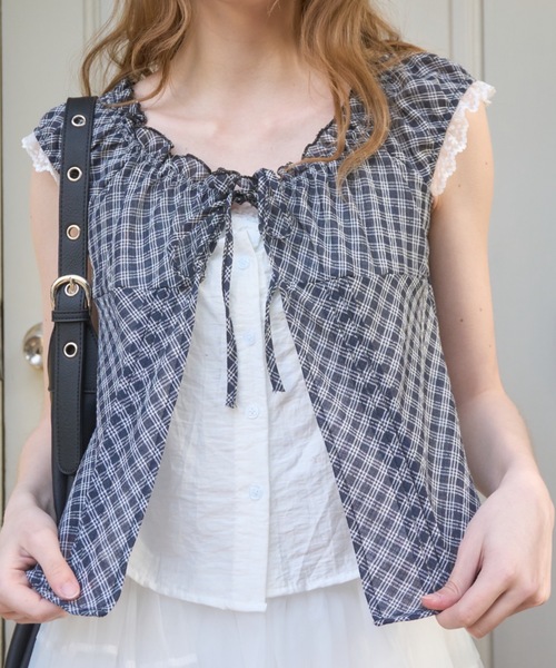 Birthday room(バースデイルーム)の「チェックフリルレーススリーブトップス/Checkered frill lace sleeve top(Tシャツ/カットソー・レディース・ネイビー/ブラウン・FREE)」の11枚目の写真