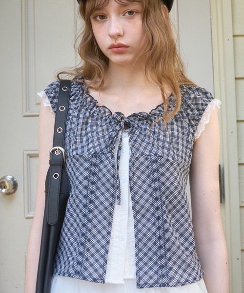 Birthday room(バースデイルーム)の「チェックフリルレーススリーブトップス/Checkered frill lace sleeve top(Tシャツ/カットソー・レディース・ネイビー/ブラウン・FREE)」の17枚目の写真