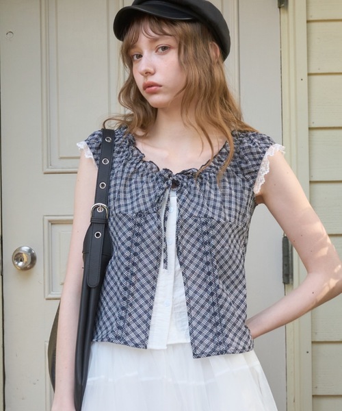 Birthday room(バースデイルーム)の「チェックフリルレーススリーブトップス/Checkered frill lace sleeve top(Tシャツ/カットソー・レディース・ネイビー/ブラウン・FREE)」の18枚目の写真