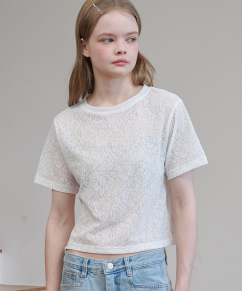 OPENING SUNSHINE(オープニングサンシャイン)の「ローズジャカードレースショートスリーブクロップTシャツホワイト(Tシャツ/カットソー・レディース・その他・FREE)」の5枚目の写真