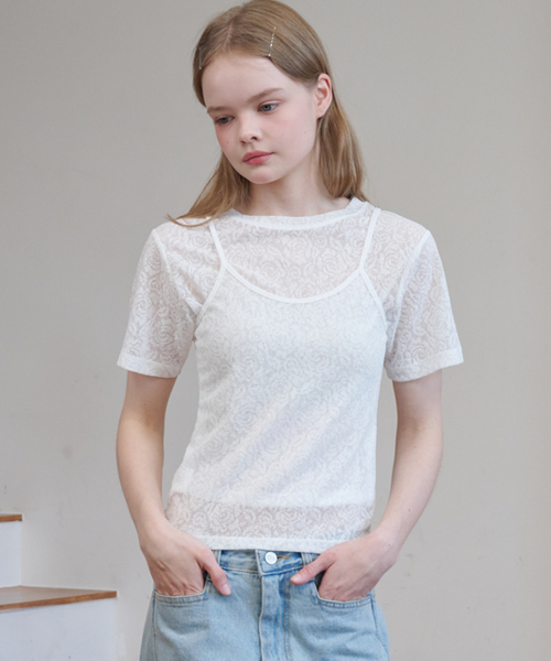 OPENING SUNSHINE(オープニングサンシャイン)の「ローズジャカードレースショートスリーブクロップTシャツホワイト(Tシャツ/カットソー・レディース・その他・FREE)」の3枚目の写真