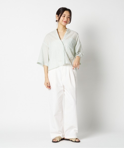 HELIOPOLE（エリオポール）の「STRIPE BAND COLLER SHIRT（シャツ/ブラウス・レディース・ホワイト/グリーン系・38）」の3枚目の写真