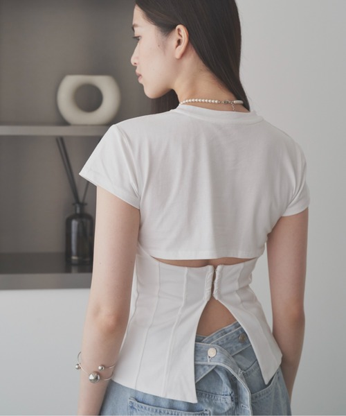 SOEMIN(ソミン)の「Back corset T-shirt/コルセットデザイン半袖Tシャツ(Tシャツ/カットソー・レディース・グレー/ピンク/ホワイト・FREE)」の2枚目の写真