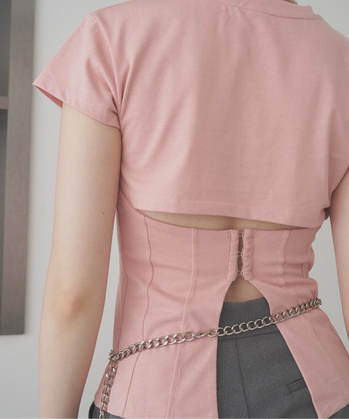 SOEMIN(ソミン)の「Back corset T-shirt/コルセットデザイン半袖Tシャツ(Tシャツ/カットソー・レディース・グレー/ピンク/ホワイト・FREE)」の3枚目の写真