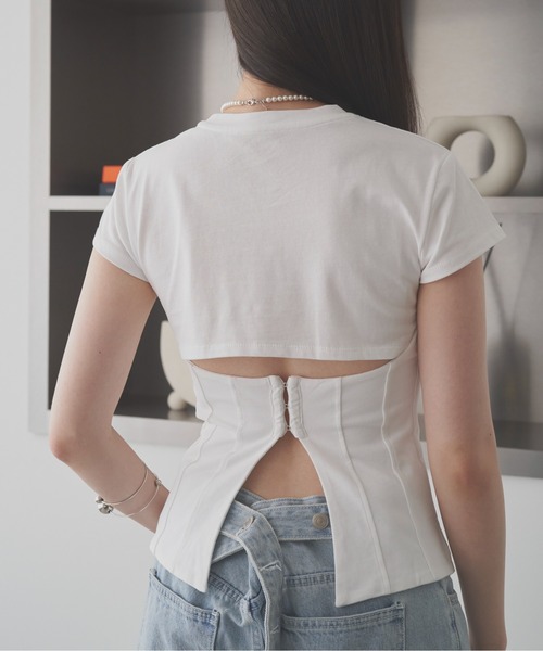 SOEMIN(ソミン)の「Back corset T-shirt/コルセットデザイン半袖Tシャツ(Tシャツ/カットソー・レディース・グレー/ピンク/ホワイト・FREE)」の7枚目の写真