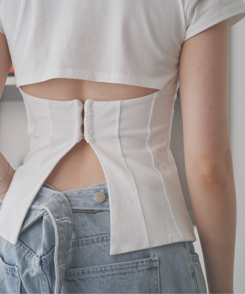 SOEMIN(ソミン)の「Back corset T-shirt/コルセットデザイン半袖Tシャツ(Tシャツ/カットソー・レディース・グレー/ピンク/ホワイト・FREE)」の8枚目の写真