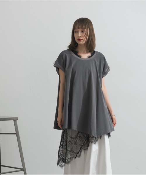 OandI(オーアンドアイ)の「サテン部分使いアシメチュニックTシャツ(Tシャツ/カットソー・レディース・チャコール/ブラウン・M)」の18枚目の写真