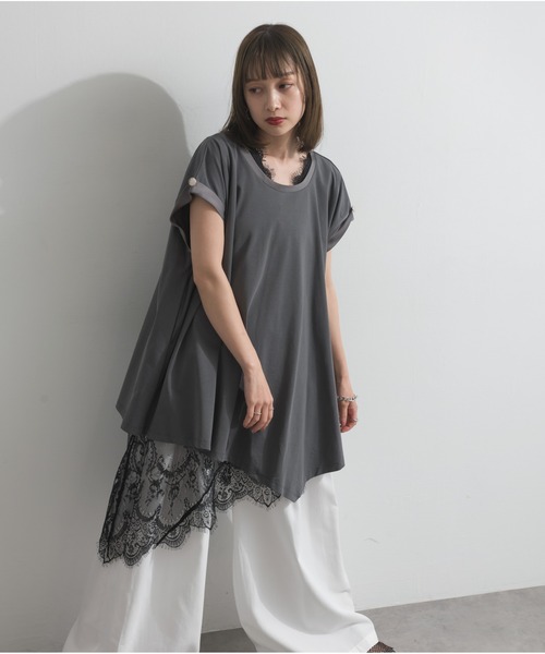 OandI(オーアンドアイ)の「サテン部分使いアシメチュニックTシャツ(Tシャツ/カットソー・レディース・チャコール/ブラウン・M)」の15枚目の写真
