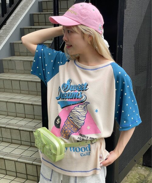 HELLO.SANFRANCISCO(ハローサンフランシスコ)の「【HELLO.SANFRANCISCO】ワッフルラグランドット半袖TEE(Tシャツ/カットソー・レディース・レッド/アイボリー・ONE SIZE)」の3枚目の写真
