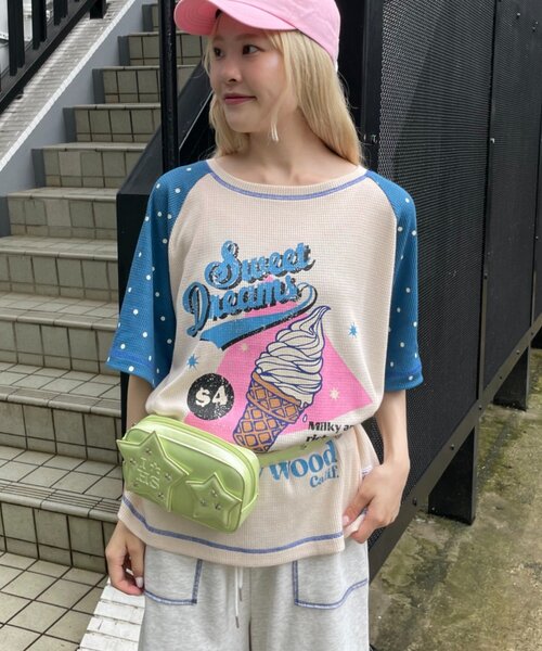 HELLO.SANFRANCISCO(ハローサンフランシスコ)の「【HELLO.SANFRANCISCO】ワッフルラグランドット半袖TEE(Tシャツ/カットソー・レディース・レッド/アイボリー・ONE SIZE)」の4枚目の写真