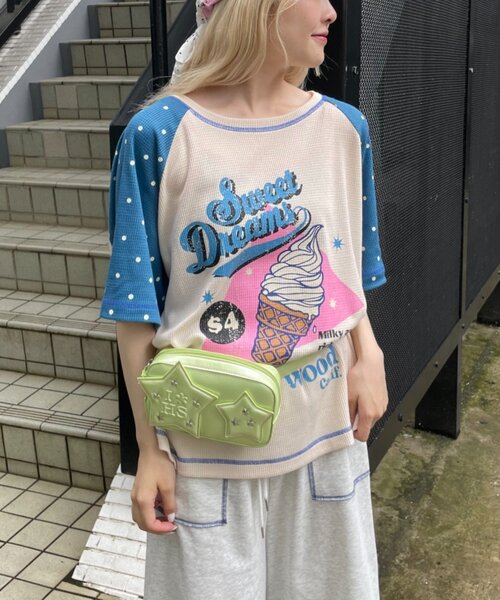 HELLO.SANFRANCISCO(ハローサンフランシスコ)の「【HELLO.SANFRANCISCO】ワッフルラグランドット半袖TEE(Tシャツ/カットソー・レディース・レッド/アイボリー・ONE SIZE)」の5枚目の写真