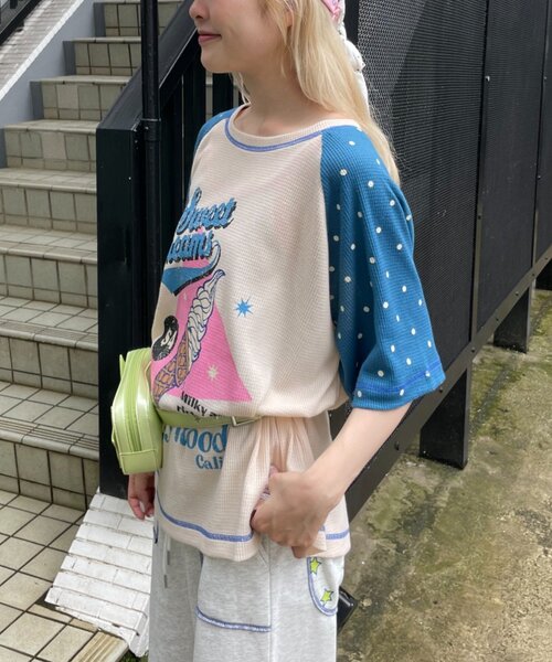 HELLO.SANFRANCISCO(ハローサンフランシスコ)の「【HELLO.SANFRANCISCO】ワッフルラグランドット半袖TEE(Tシャツ/カットソー・レディース・レッド/アイボリー・ONE SIZE)」の6枚目の写真