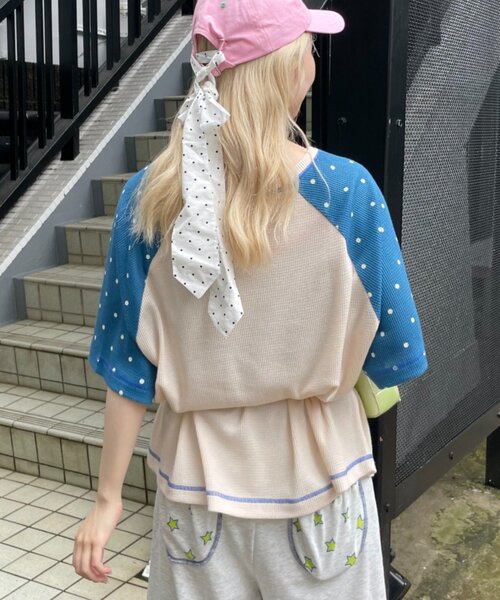 HELLO.SANFRANCISCO(ハローサンフランシスコ)の「【HELLO.SANFRANCISCO】ワッフルラグランドット半袖TEE(Tシャツ/カットソー・レディース・レッド/アイボリー・ONE SIZE)」の7枚目の写真