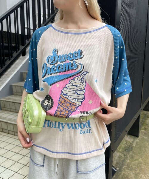 HELLO.SANFRANCISCO(ハローサンフランシスコ)の「【HELLO.SANFRANCISCO】ワッフルラグランドット半袖TEE(Tシャツ/カットソー・レディース・レッド/アイボリー・ONE SIZE)」の11枚目の写真