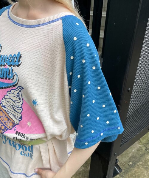 HELLO.SANFRANCISCO(ハローサンフランシスコ)の「【HELLO.SANFRANCISCO】ワッフルラグランドット半袖TEE(Tシャツ/カットソー・レディース・レッド/アイボリー・ONE SIZE)」の12枚目の写真