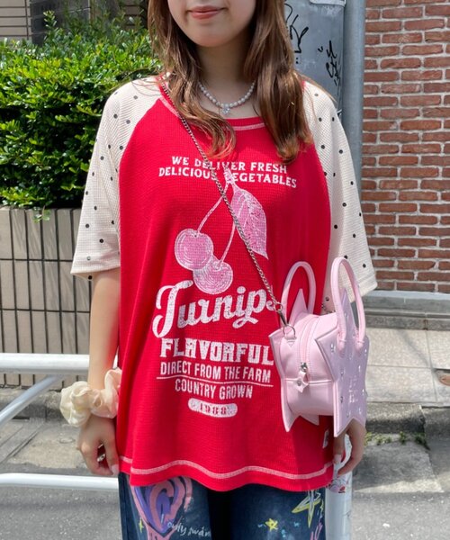 HELLO.SANFRANCISCO(ハローサンフランシスコ)の「【HELLO.SANFRANCISCO】ワッフルラグランドット半袖TEE(Tシャツ/カットソー・レディース・レッド/アイボリー・ONE SIZE)」の18枚目の写真