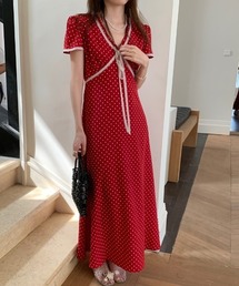 ドットリボンパフスリーブロングワンピース