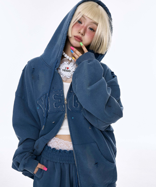 YEGG（イェグ）の「ディストロイドイエグフードパーカー ブルー（パーカー・レディース・その他・FREE）」の3枚目の写真