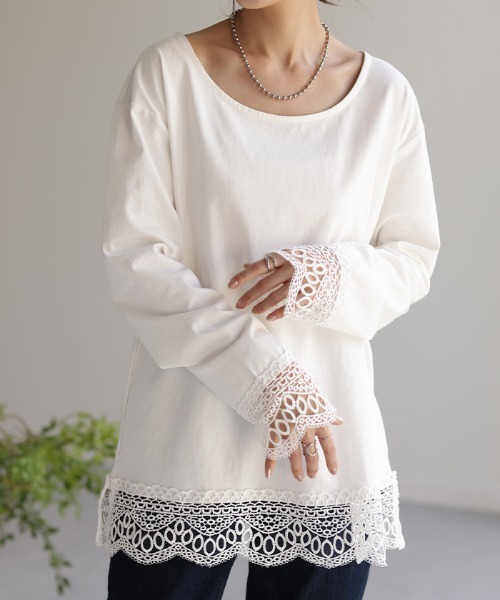 HUG.U(ハグユー)の「袖&裾 レースドッキングカットソー(Tシャツ/カットソー・レディース・カーキ/ホワイト/ブラック・M/L)」の2枚目の写真