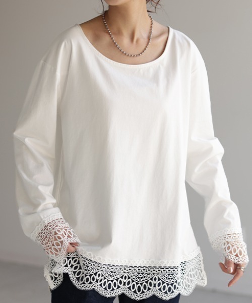 HUG.U(ハグユー)の「袖&裾 レースドッキングカットソー(Tシャツ/カットソー・レディース・カーキ/ホワイト/ブラック・M/L)」の5枚目の写真
