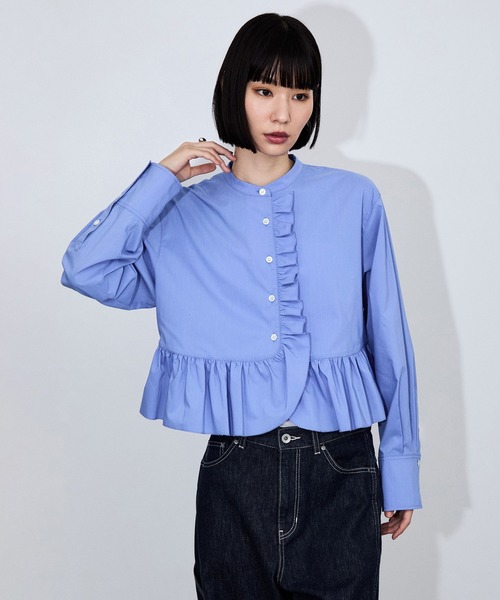 アダムエロペ　【サステナブル】ロングスリーブフリルブラウス 定番】・【サステナブル】ロングスリーブフリルブラウス（シャツ