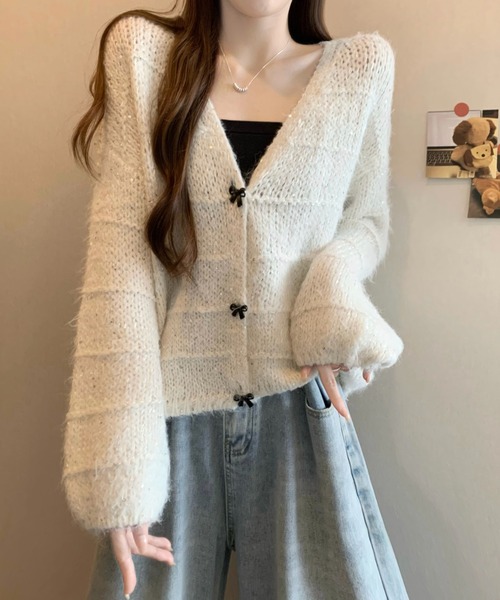 LUCPY(ラクピー)の「ミックスシャギー ペプラムニットカーディガン(カーディガン/ボレロ・レディース・ホワイト/グレー・FREE)」の4枚目の写真