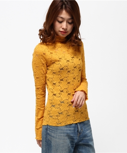 REDYAZEL（レディアゼル）の「レースハイネックＬ／ＳトップスⅢ◆（Tシャツ/カットソー・レディース・イエロー/オレンジ/ブラック/オフホワイト/ピンク・FREE）」の4枚目の写真