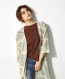 リーフストライプ柄七分袖ガウン