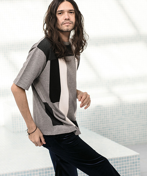 CAMBIO（カンビオ）の「mn1679-Switch Knit Short Sleeve Pullover　プルオーバー（ニット/セーター・メンズ・グレー/ネイビー・L/M/S）」の7枚目の写真