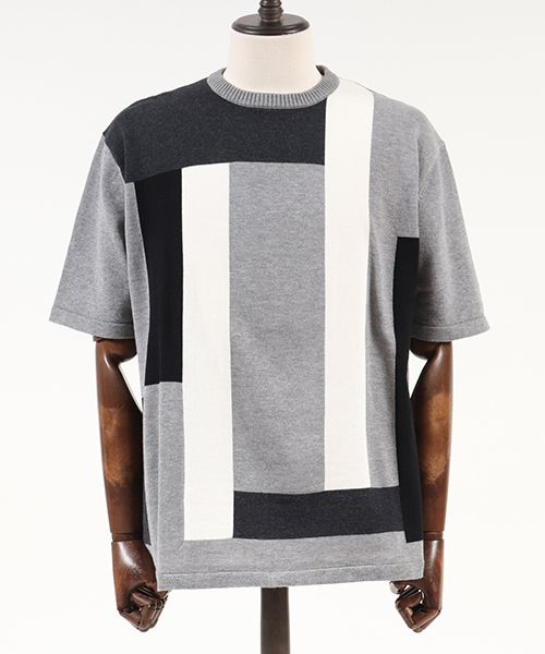 CAMBIO（カンビオ）の「mn1679-Switch Knit Short Sleeve Pullover　プルオーバー（ニット/セーター・メンズ・グレー/ネイビー・L/M/S）」の11枚目の写真