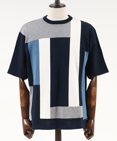 CAMBIO（カンビオ）の「mn1679-Switch Knit Short Sleeve Pullover　プルオーバー（ニット/セーター・メンズ・グレー/ネイビー・L/M/S）」の12枚目の写真