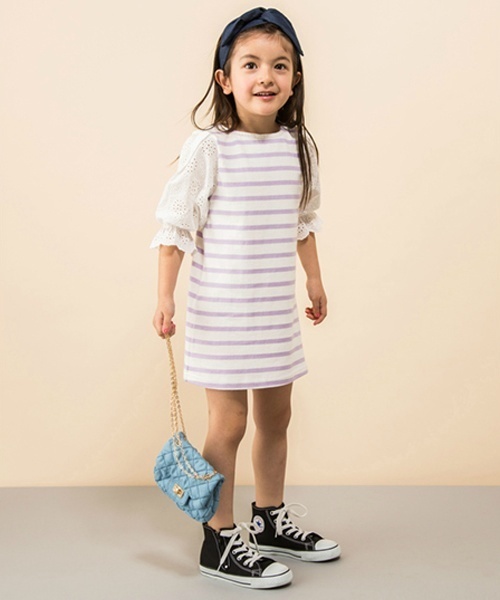 Petit Main プティマイン の レーススリーブボーダーワンピース ワンピース Wear