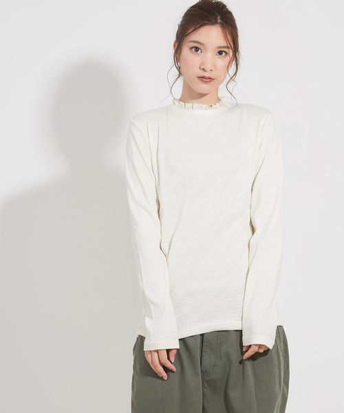 Cube Sugar キューブシュガー の ショートスラブフライス無地フリルスタンドカラー Tシャツ カットソー Wear