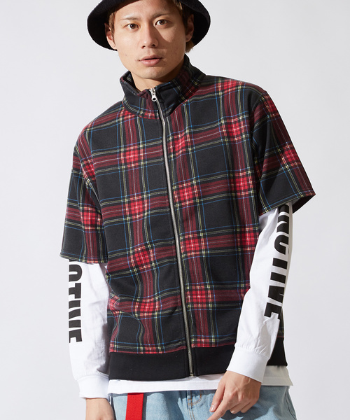 improves(インプローブス)の「半袖チェック柄裏毛スウェットプリントスタンドトラックジャケット(ブルゾン)」|ブラック