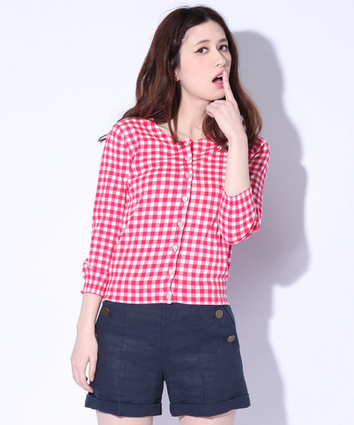 Ray BEAMS（レイビームス）の「○Ray BEAMS / ギンガムプリント クルーネック カーディガン（カーディガン/ボレロ・レディース・レッド/ブラック/ネイビー・ONE SIZE）」の3枚目の写真