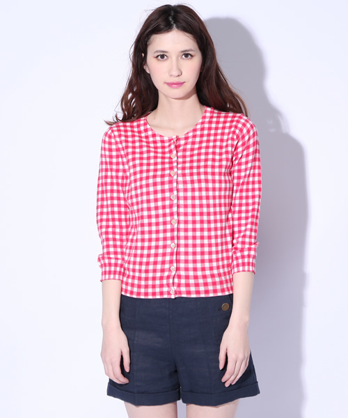 Ray BEAMS（レイビームス）の「○Ray BEAMS / ギンガムプリント クルーネック カーディガン（カーディガン/ボレロ・レディース・レッド/ブラック/ネイビー・ONE SIZE）」の5枚目の写真