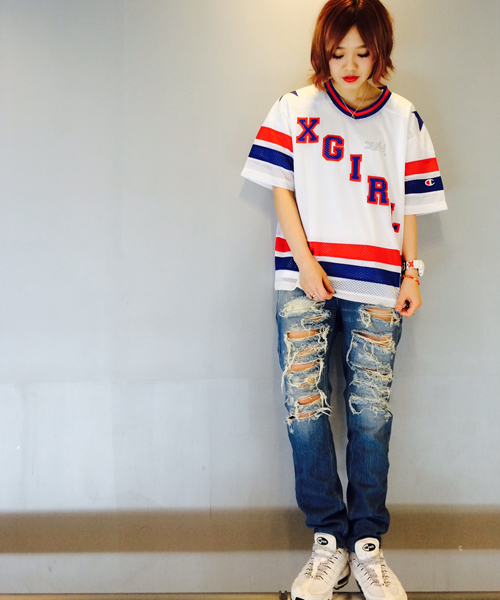X-girl(エックスガール)の「【ViVi5月号掲載】CRUSHED JEANS(デニムパンツ・レディース・ホワイト/ブラック/ライトインディゴブルー・1/0/2)」の3枚目の写真
