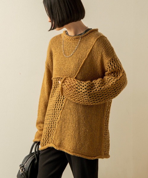 ANGIE(アンジー)の「起毛メッシュ編み切り替えニット(ニット/セーター・レディース・ブラック/アイボリー/マスタード/ダークベージュ・FREE)」の4枚目の写真