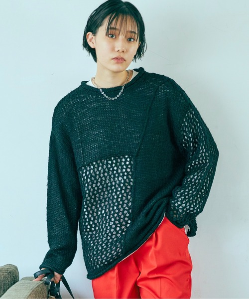 ANGIE(アンジー)の「起毛メッシュ編み切り替えニット(ニット/セーター・レディース・ブラック/アイボリー/マスタード/ダークベージュ・FREE)」の12枚目の写真