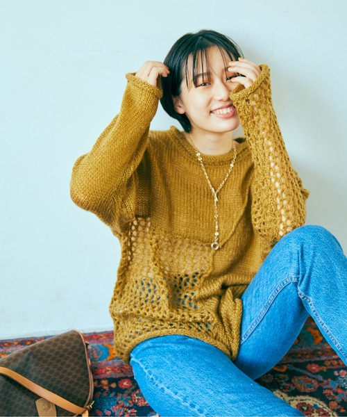 ANGIE(アンジー)の「起毛メッシュ編み切り替えニット(ニット/セーター・レディース・ブラック/アイボリー/マスタード/ダークベージュ・FREE)」の16枚目の写真