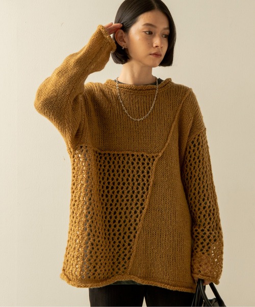 ANGIE(アンジー)の「起毛メッシュ編み切り替えニット(ニット/セーター・レディース・ブラック/アイボリー/マスタード/ダークベージュ・FREE)」の14枚目の写真