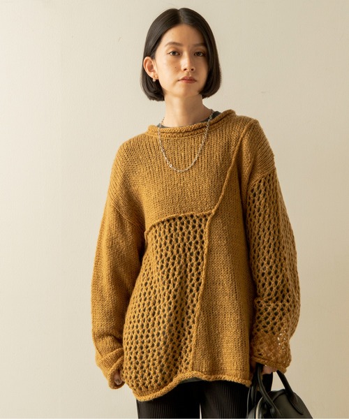 ANGIE(アンジー)の「起毛メッシュ編み切り替えニット(ニット/セーター・レディース・ブラック/アイボリー/マスタード/ダークベージュ・FREE)」の13枚目の写真