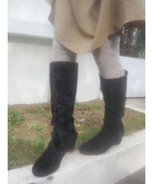 merry jenny（メリージェニー）の「フリルベロアニーブーツ（ブーツ・レディース・ブラック/アイボリー・MEDIUM/LARGE）」の6枚目の写真